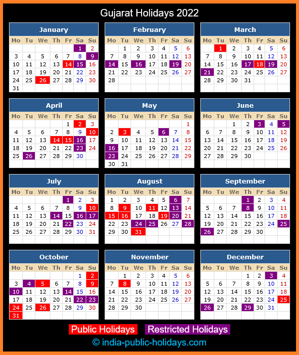 Gujarat Holiday Calendar 2022